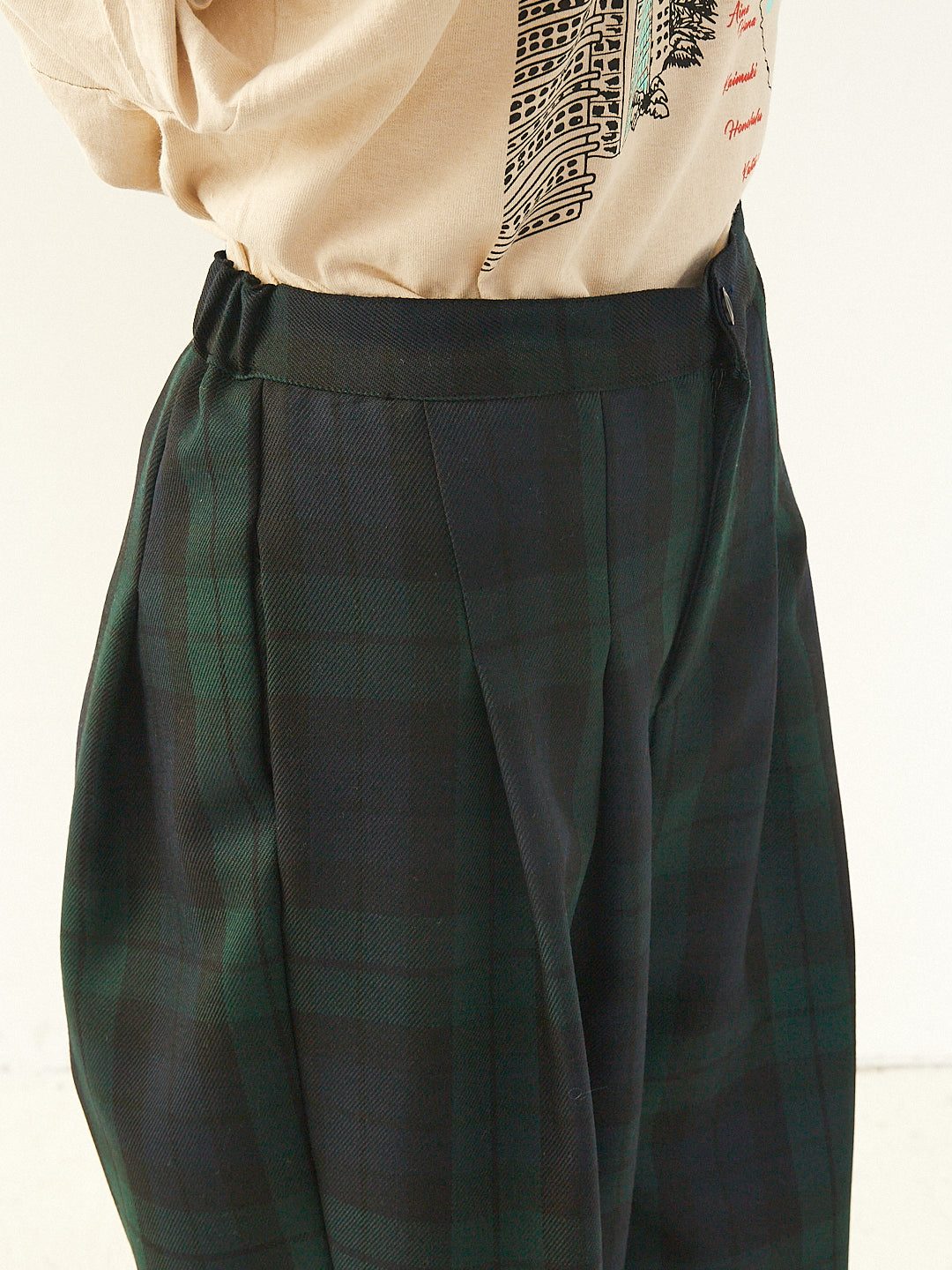 LILOU+LILY CRISPY WOOL/BLACK WATCH TUCK PANTS 2407YJ-1004