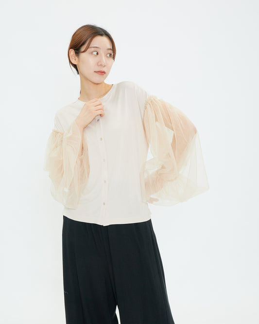 LILOU+LILY RAYON MOSS STITCH/TULLE BALOON SLEEVE CARDIGAN 2411FP-0312