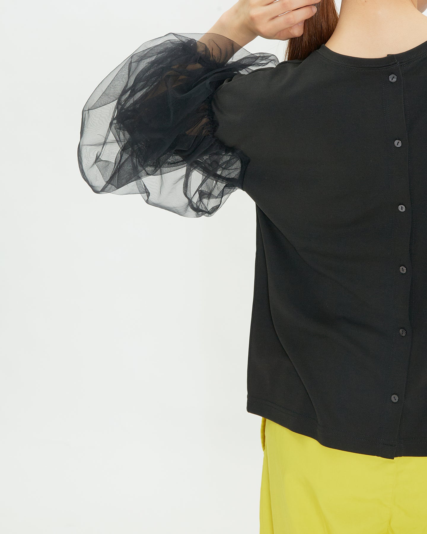 LILOU+LILY RAYON MOSS STITCH/TULLE BALOON SLEEVE CARDIGAN 2411FP-0312