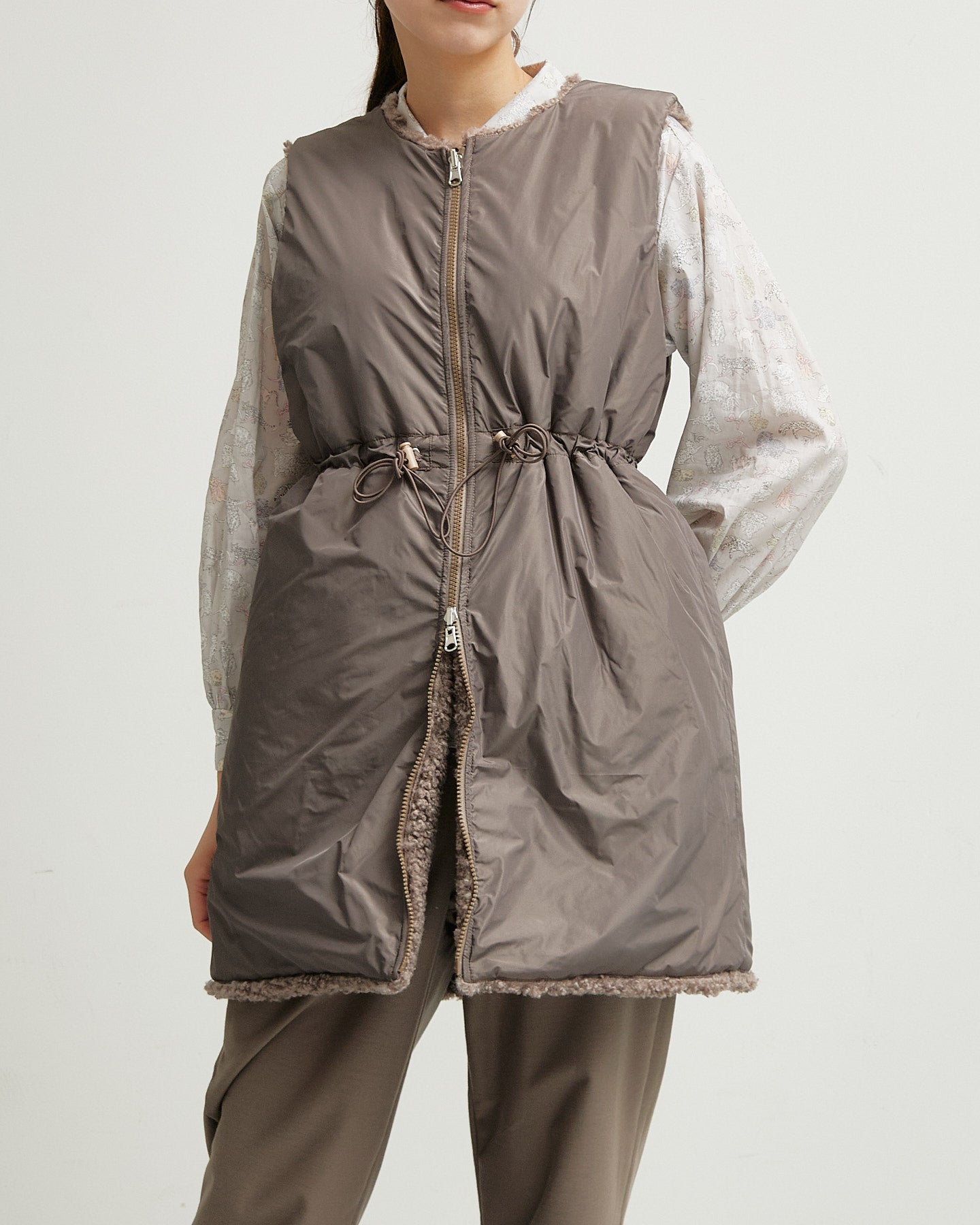 LILOU+LILY BOA/NYLON REVERSIBLE LONG VEST 2507YJ-1114