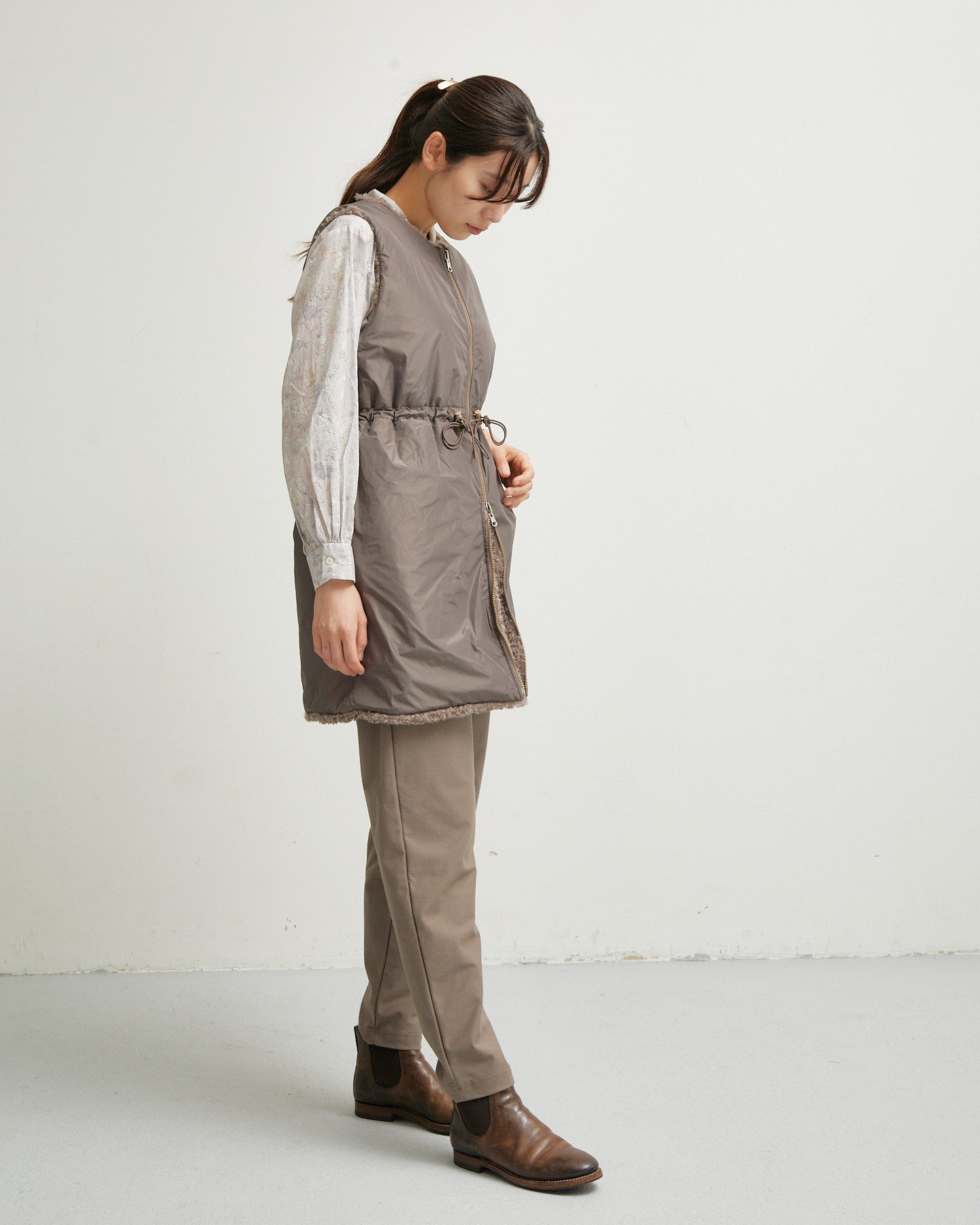 LILOU+LILY BOA/NYLON REVERSIBLE LONG VEST 2507YJ-1114
