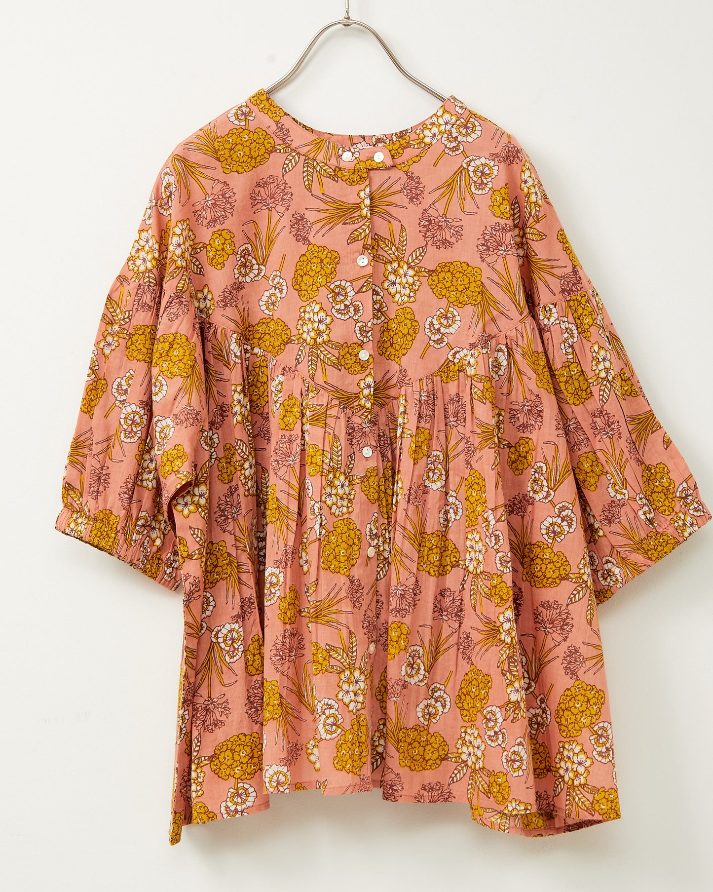80s Voile Hand-printing Flower 2way Gather Blouses 2602GH-0705/ LILOU&LILY リルアンドリリー