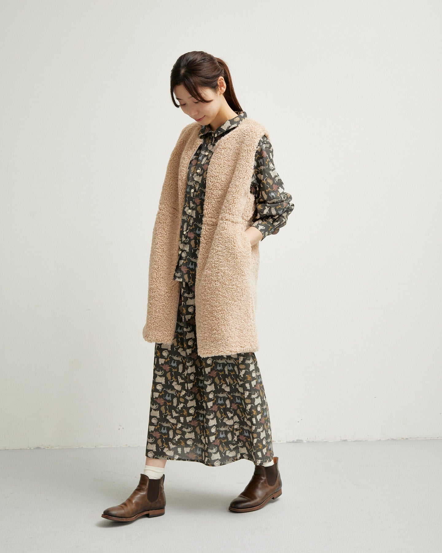 LILOU+LILY BOA/NYLON REVERSIBLE LONG VEST 2507YJ-1114