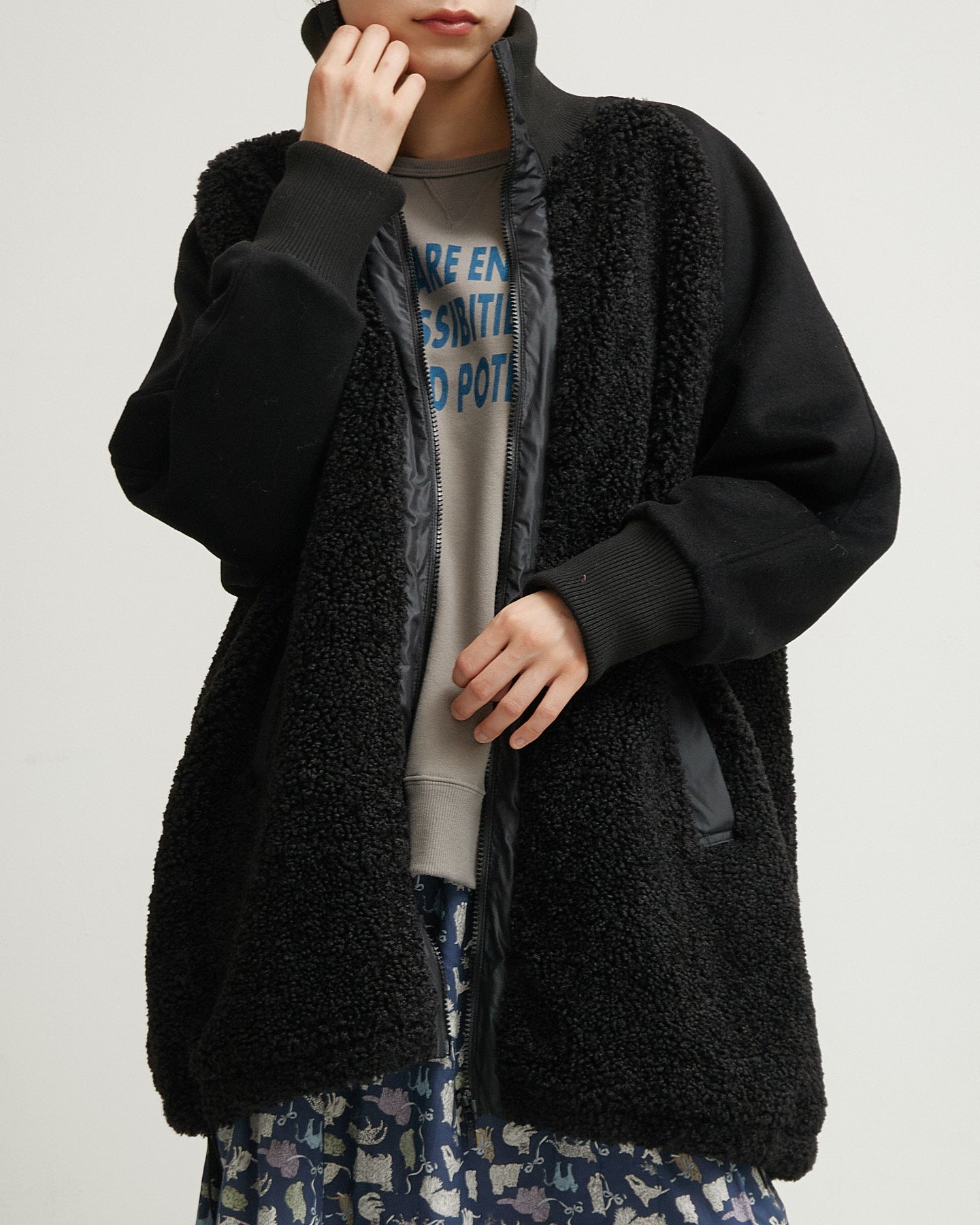 LILOU+LILY BOA/NYLON HALF COAT 2507YJ-1115