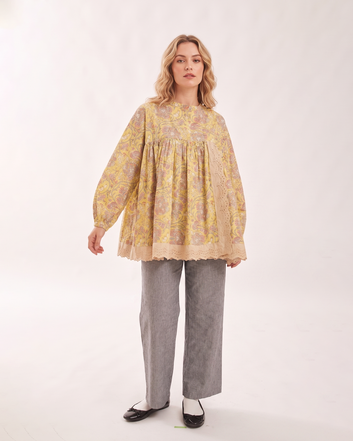 60S CAMBRICK WITH BLOCK PRINT PULLOVER 2308SJ-0303 /LILOU&LILY ﾘﾙｱﾝﾄﾞﾘﾘｰ