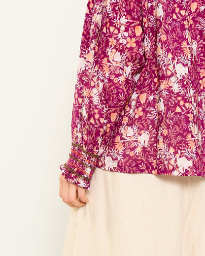 CAT FLOWER / HAND PRINTING SMOCKING BLOUSES 2604GH-0903 / LILOU&LILY ﾘﾙｱﾝﾄﾞﾘﾘｰ