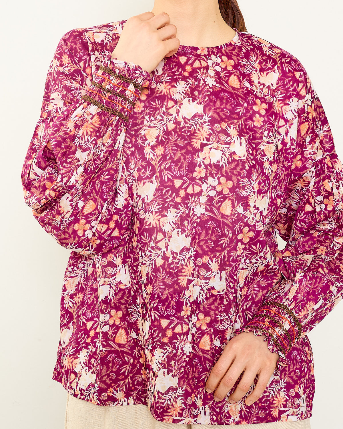 CAT FLOWER / HAND PRINTING SMOCKING BLOUSES 2604GH-0903 / LILOU&LILY ﾘﾙｱﾝﾄﾞﾘﾘｰ