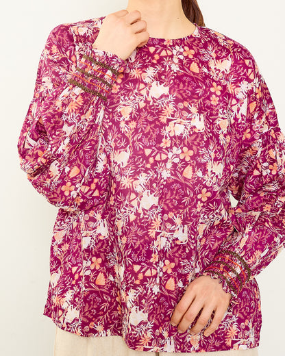 CAT FLOWER / HAND PRINTING SMOCKING BLOUSES 2604GH-0903 / LILOU&LILY ﾘﾙｱﾝﾄﾞﾘﾘｰ