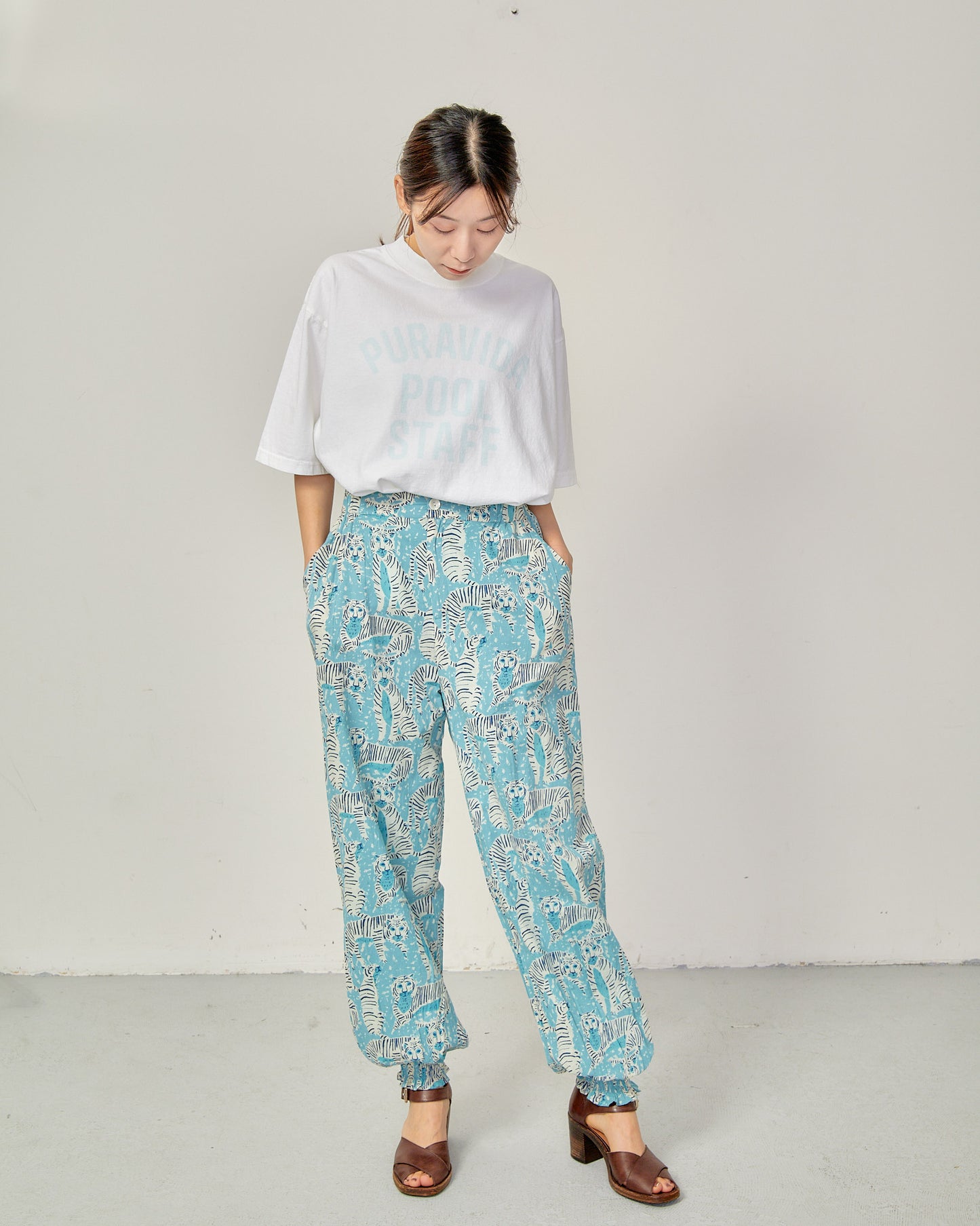 80s Voile Hand-printing Tiger  SMOCKING PANTS 2601GH-0505/ LILOU&LILY ﾘﾙｱﾝﾄﾞﾘﾘｰ