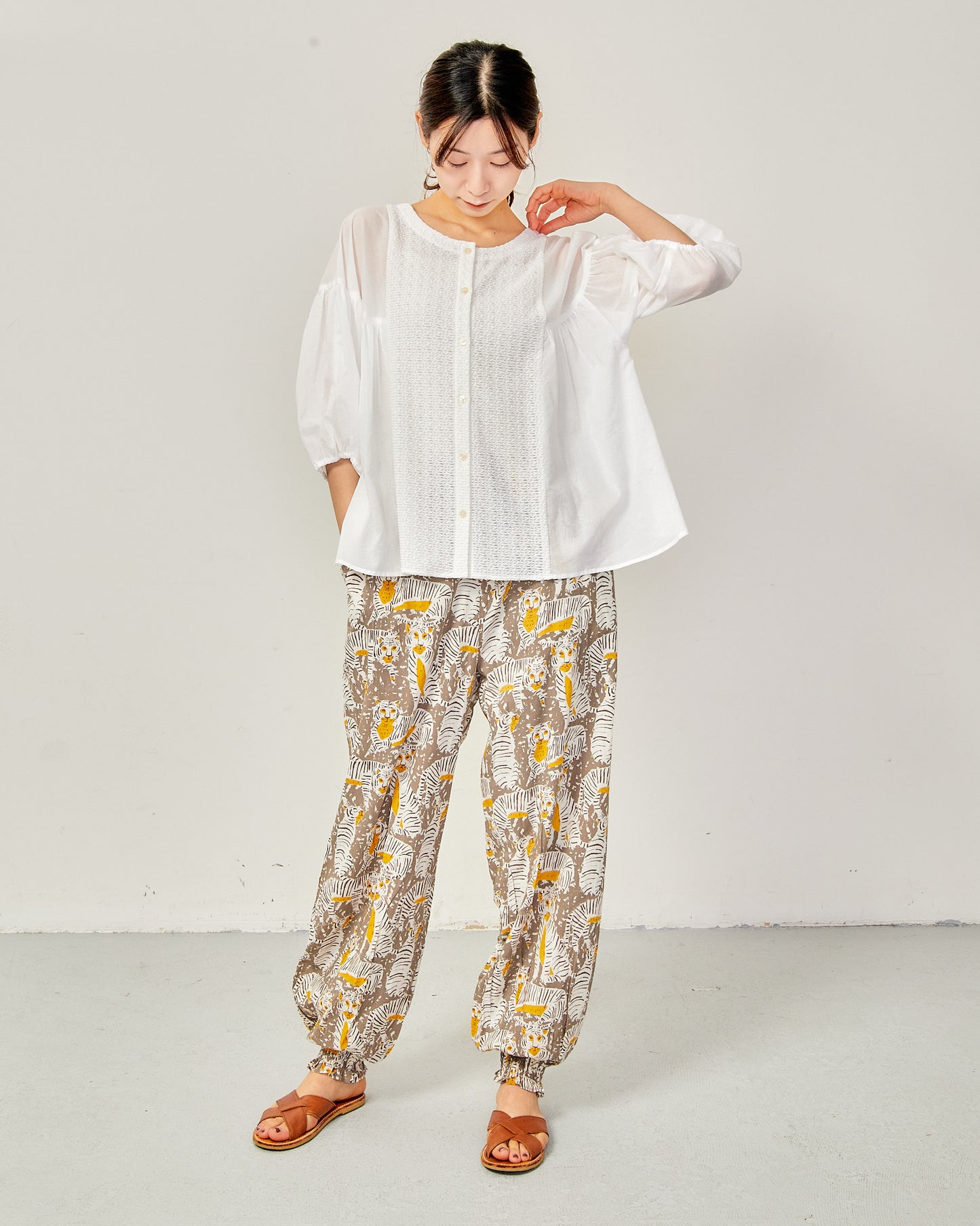 80s Voile Hand-printing Tiger  SMOCKING PANTS 2601GH-0505/ LILOU&LILY ﾘﾙｱﾝﾄﾞﾘﾘｰ