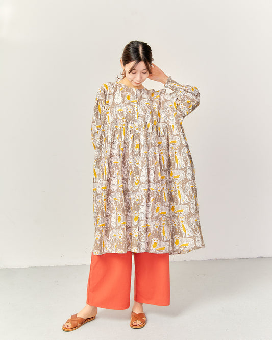 80s Voile Hand-printing Tiger  SMOCKING TUNIC 2601GH-0504/ LILOU&LILY ﾘﾙｱﾝﾄﾞﾘﾘｰ