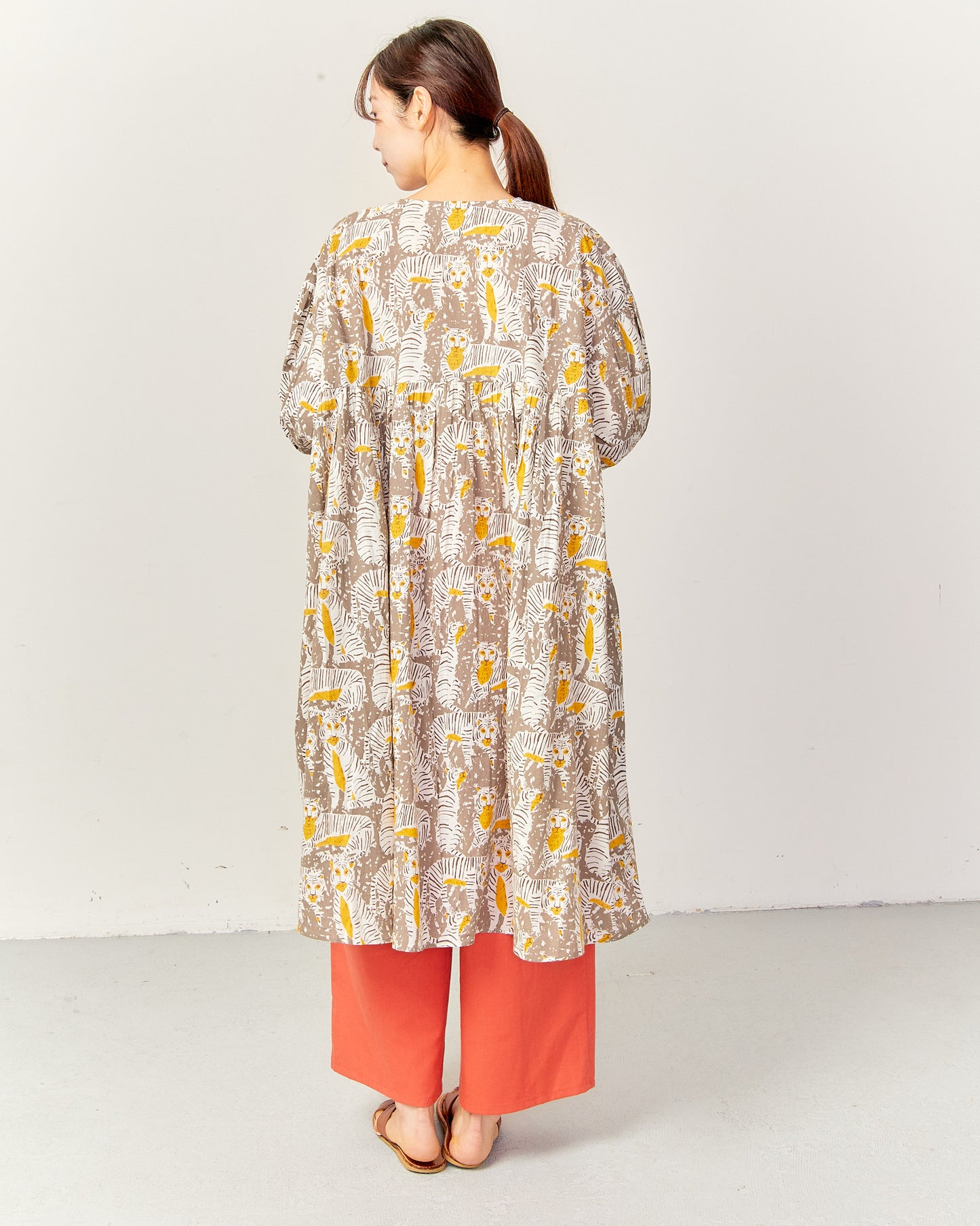 80s Voile Hand-printing Tiger  SMOCKING TUNIC 2601GH-0504/ LILOU&LILY ﾘﾙｱﾝﾄﾞﾘﾘｰ