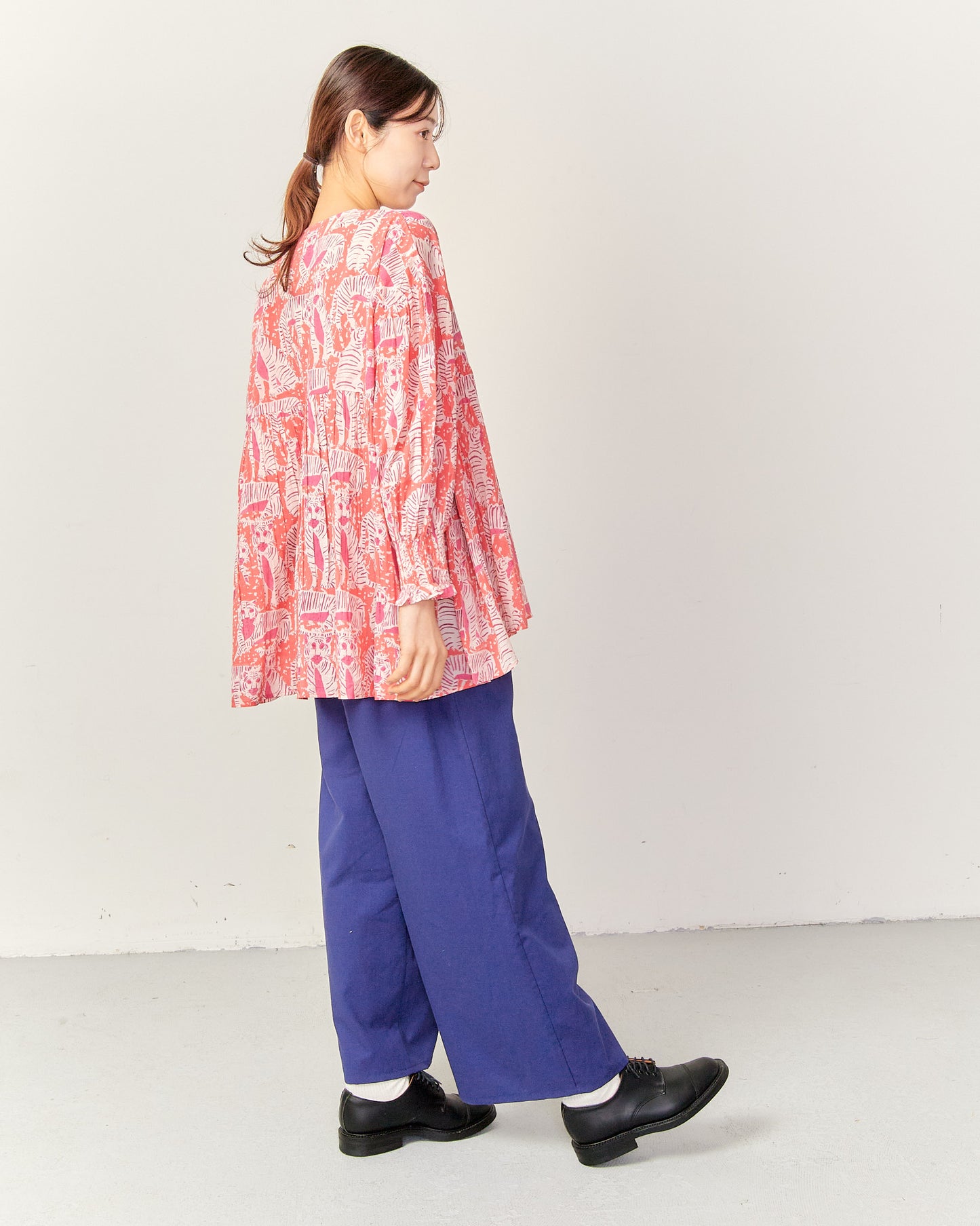80's Voile Hand printing Tiger SMOCKING SHIRTS 2601GH-0503 / LILOU&LILY ﾘﾙｱﾝﾄﾞﾘﾘｰ