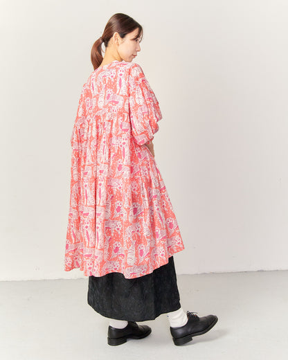 80s Voile Hand-printing Tiger  SMOCKING TUNIC 2601GH-0504/ LILOU&LILY ﾘﾙｱﾝﾄﾞﾘﾘｰ