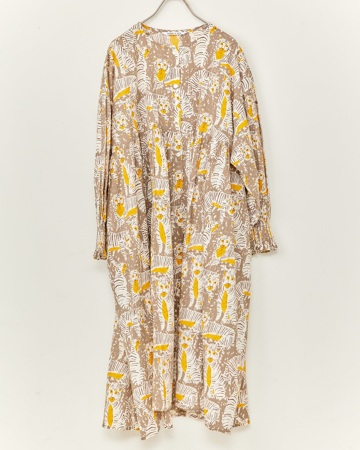 80s Voile Hand-printing Tiger  SMOCKING TUNIC 2601GH-0504/ LILOU&LILY ﾘﾙｱﾝﾄﾞﾘﾘｰ