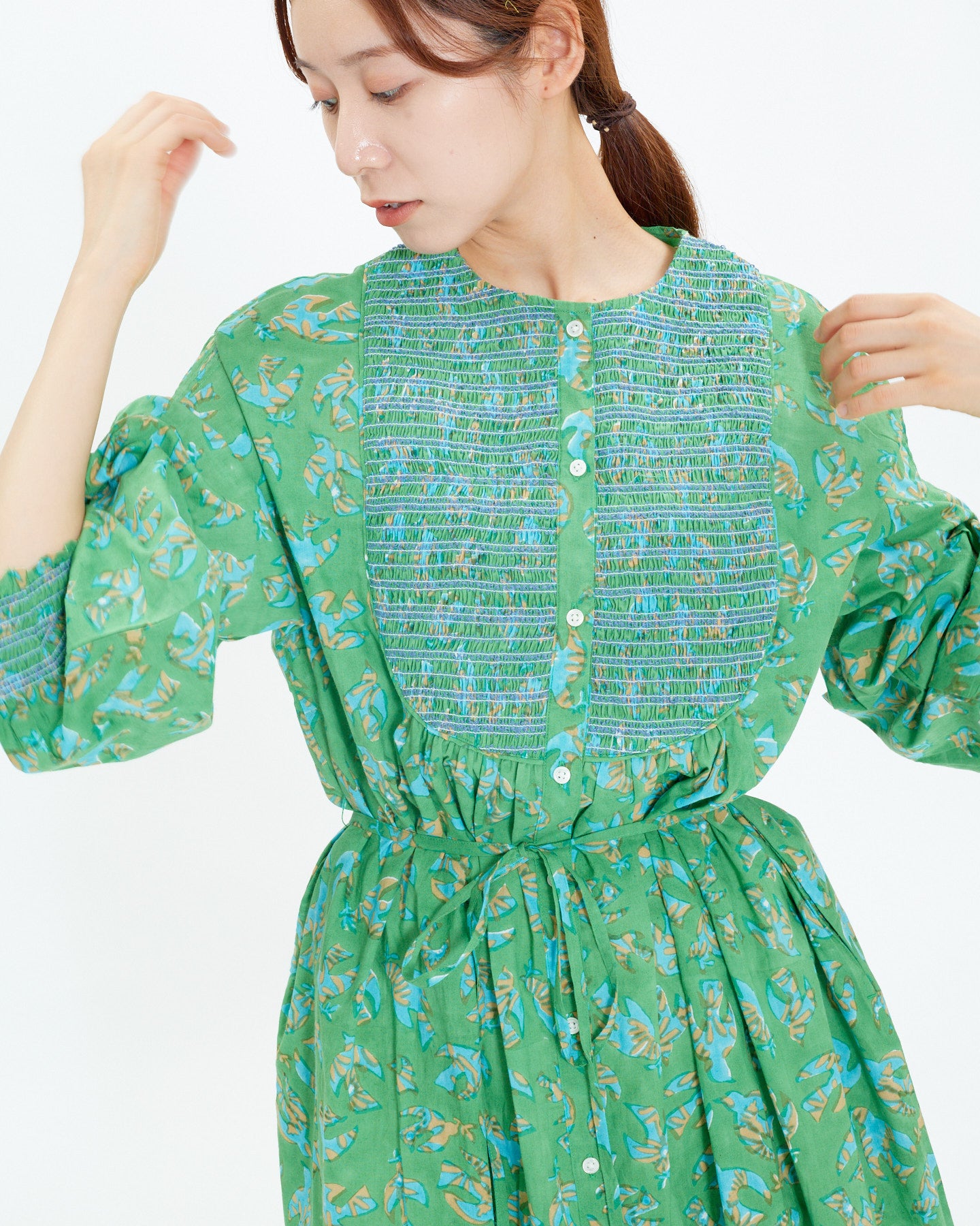 A VIEW FROM HERE BLOCK PRINT SMOCKING ONE-PIECE DRESS SJ-24110414
