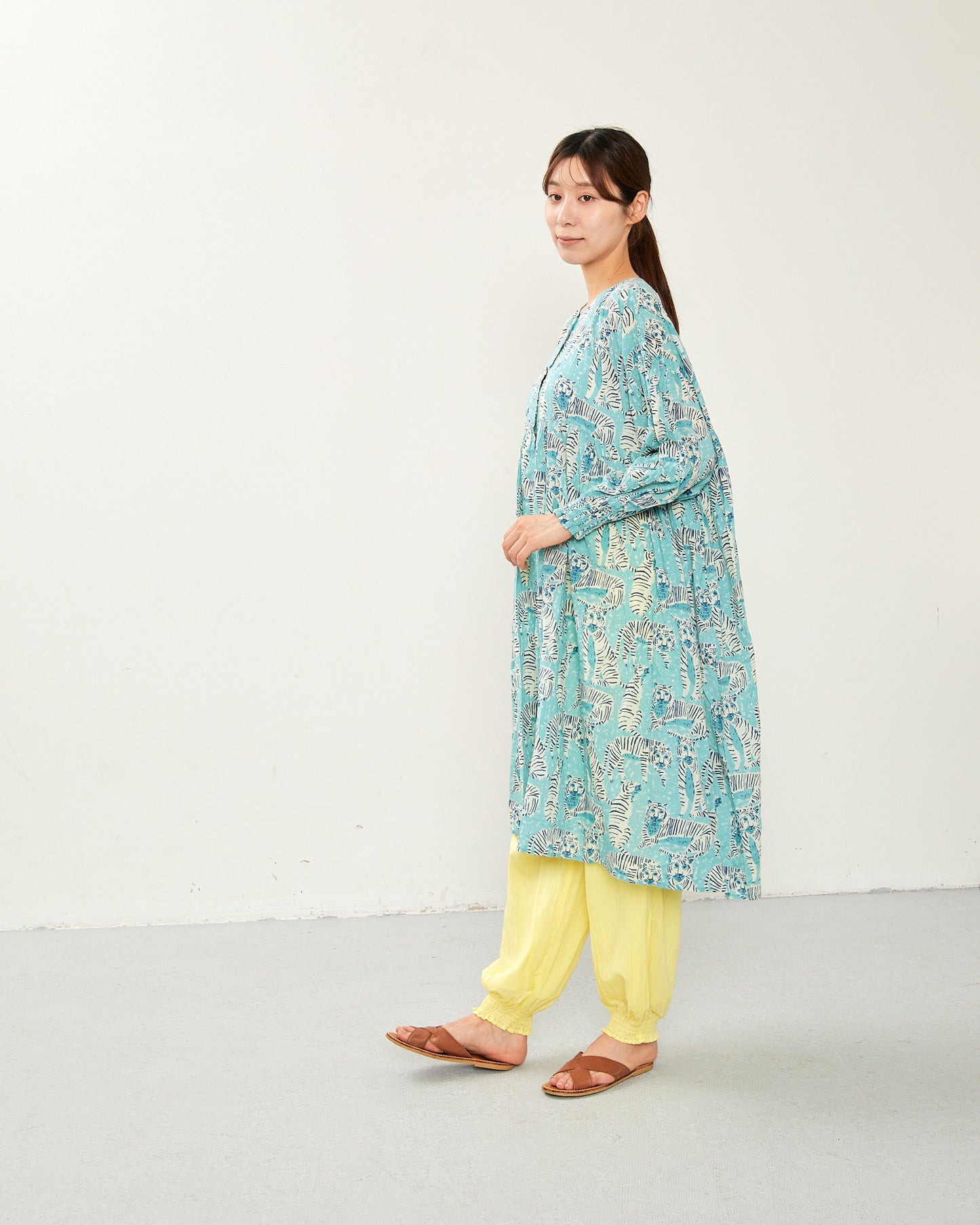 80s Voile Hand-printing Tiger  SMOCKING TUNIC 2601GH-0504/ LILOU&LILY ﾘﾙｱﾝﾄﾞﾘﾘｰ