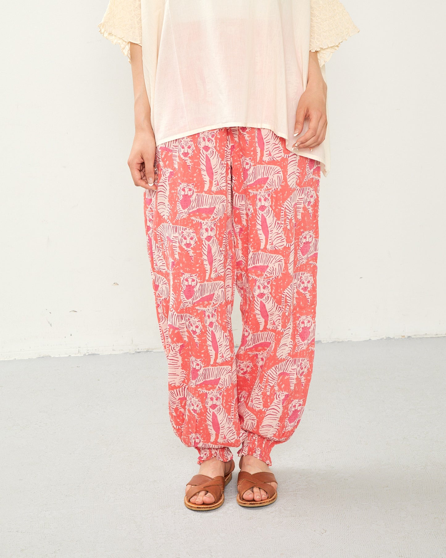80s Voile Hand-printing Tiger  SMOCKING PANTS 2601GH-0505/ LILOU&LILY ﾘﾙｱﾝﾄﾞﾘﾘｰ