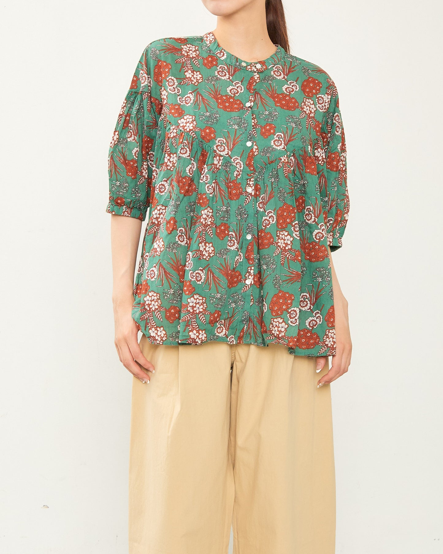 80s Voile Hand-printing Flower  2way Gather Blouses 2602GH-0705/ LILOU&LILY ﾘﾙｱﾝﾄﾞﾘﾘｰ