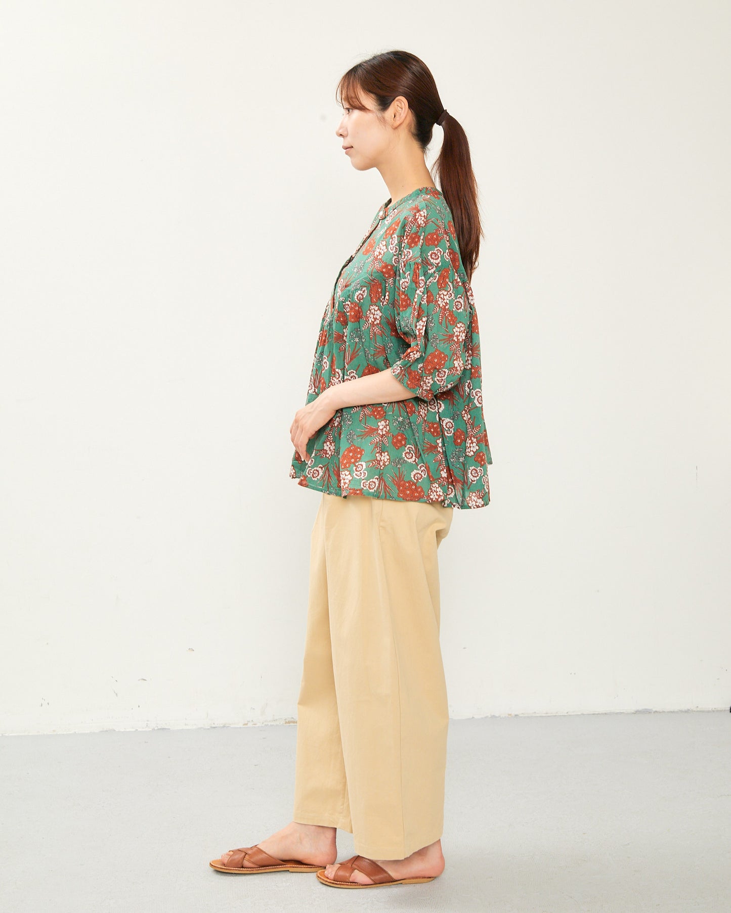 80s Voile Hand-printing Flower  2way Gather Blouses 2602GH-0705/ LILOU&LILY ﾘﾙｱﾝﾄﾞﾘﾘｰ