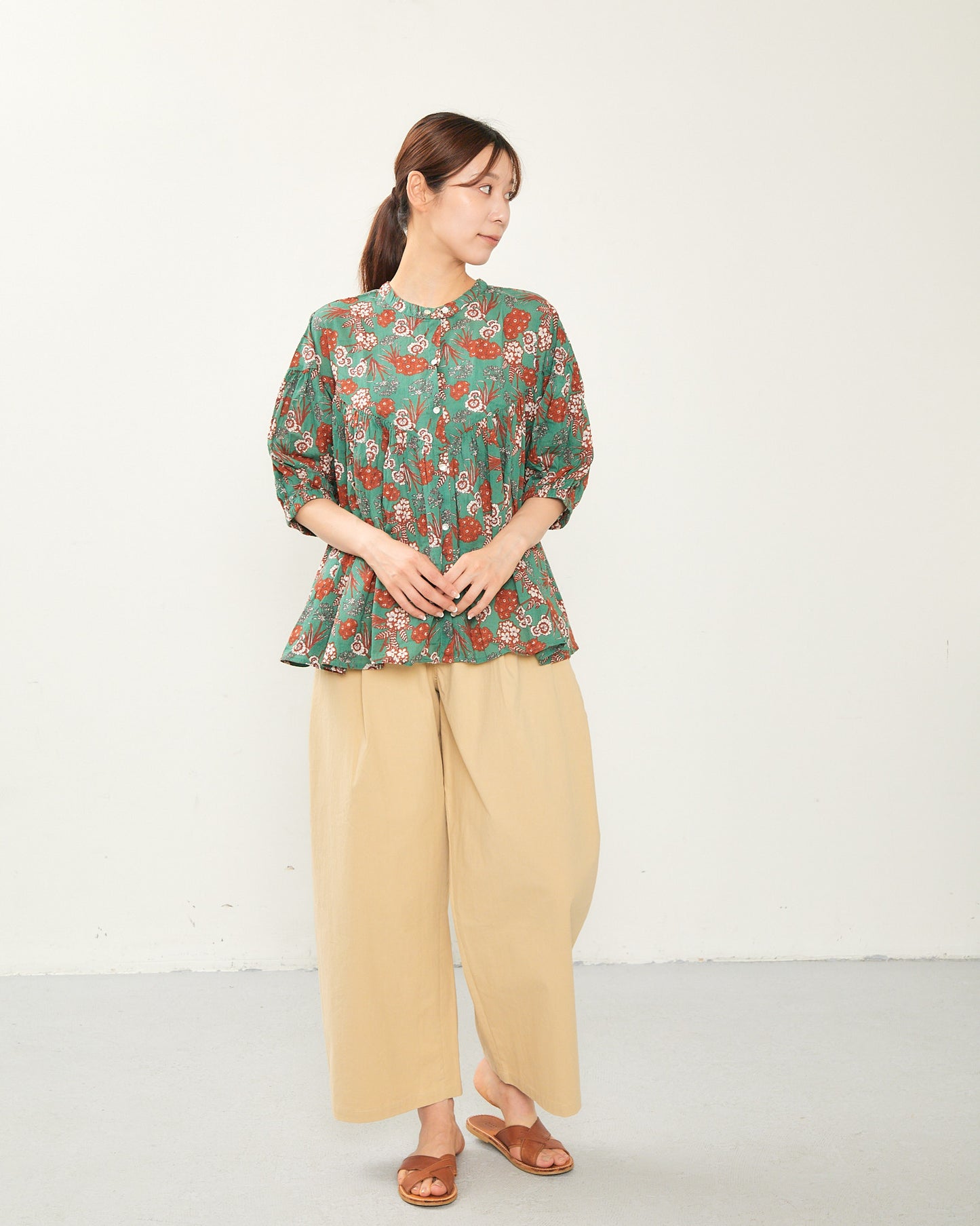 80s Voile Hand-printing Flower  2way Gather Blouses 2602GH-0705/ LILOU&LILY ﾘﾙｱﾝﾄﾞﾘﾘｰ
