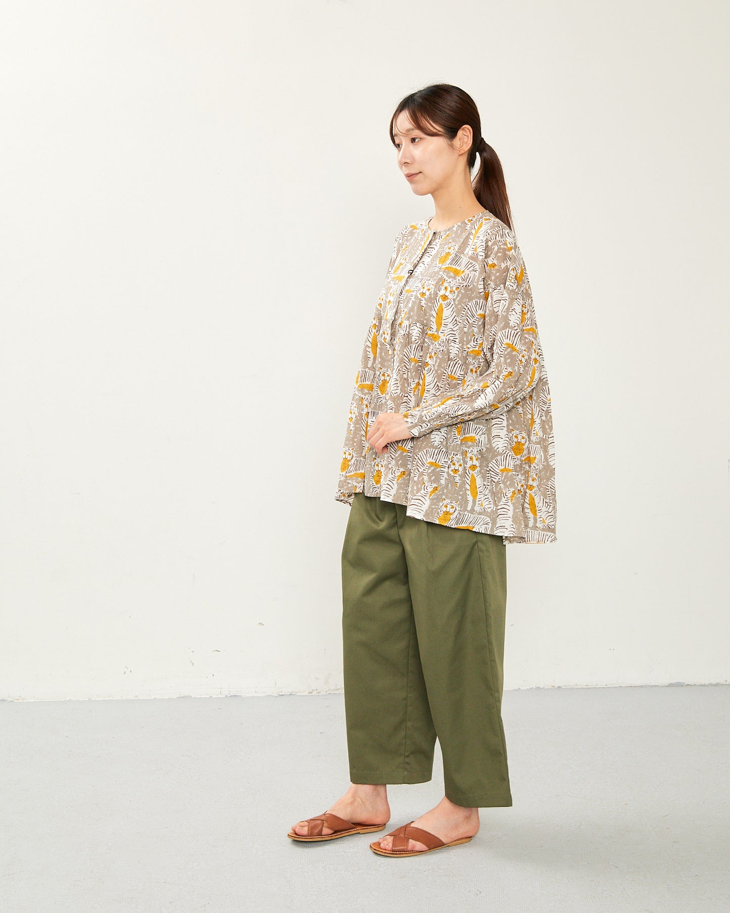 80's Voile Hand printing Tiger SMOCKING SHIRTS 2601GH-0503 / LILOU&LILY ﾘﾙｱﾝﾄﾞﾘﾘｰ