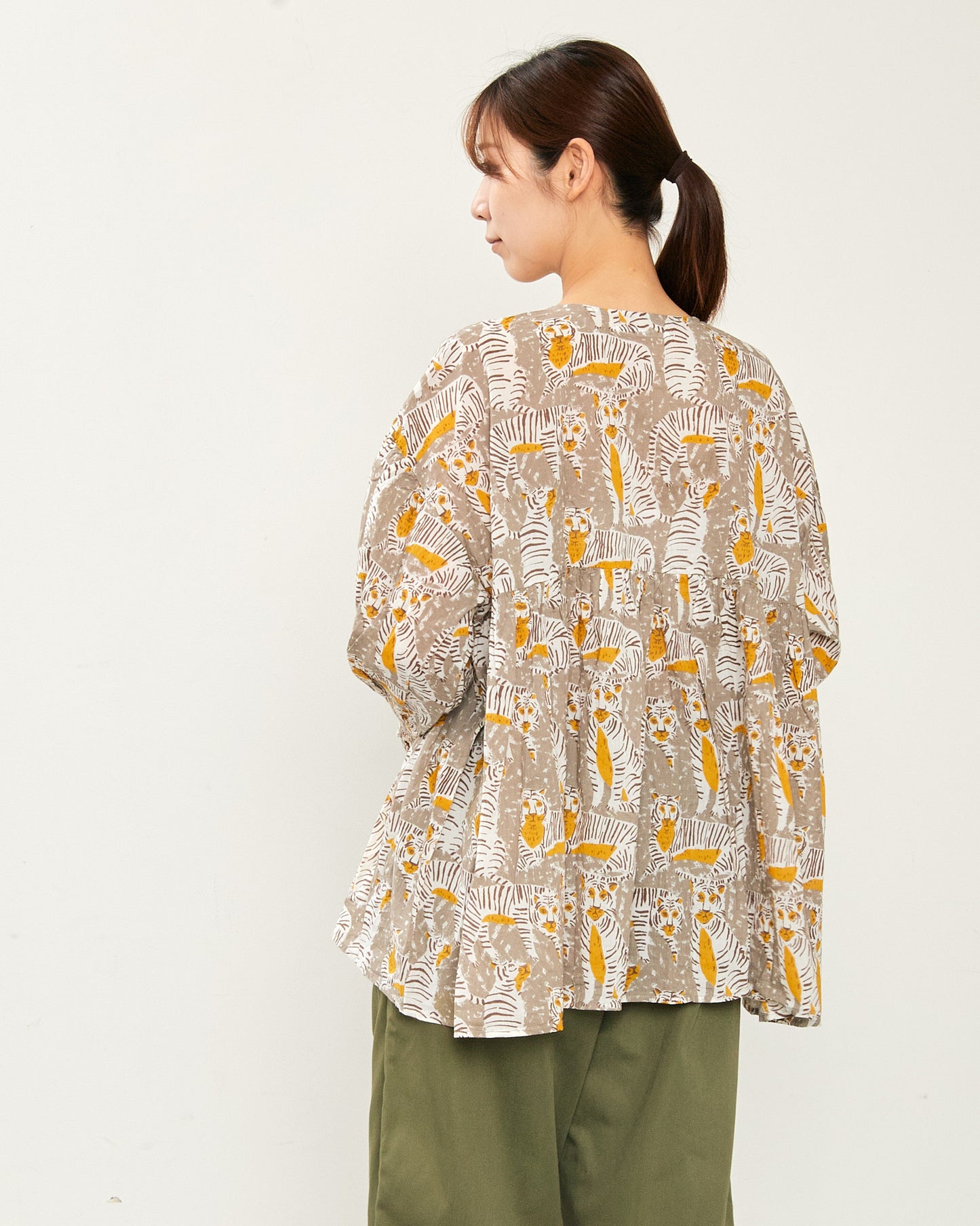 80's Voile Hand printing Tiger SMOCKING SHIRTS 2601GH-0503 / LILOU&LILY ﾘﾙｱﾝﾄﾞﾘﾘｰ