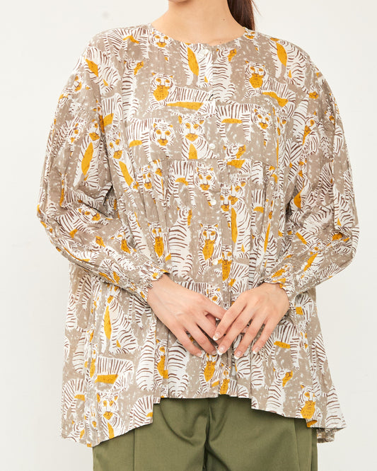 80's Voile Hand printing Tiger SMOCKING SHIRTS 2601GH-0503 / LILOU&LILY ﾘﾙｱﾝﾄﾞﾘﾘｰ