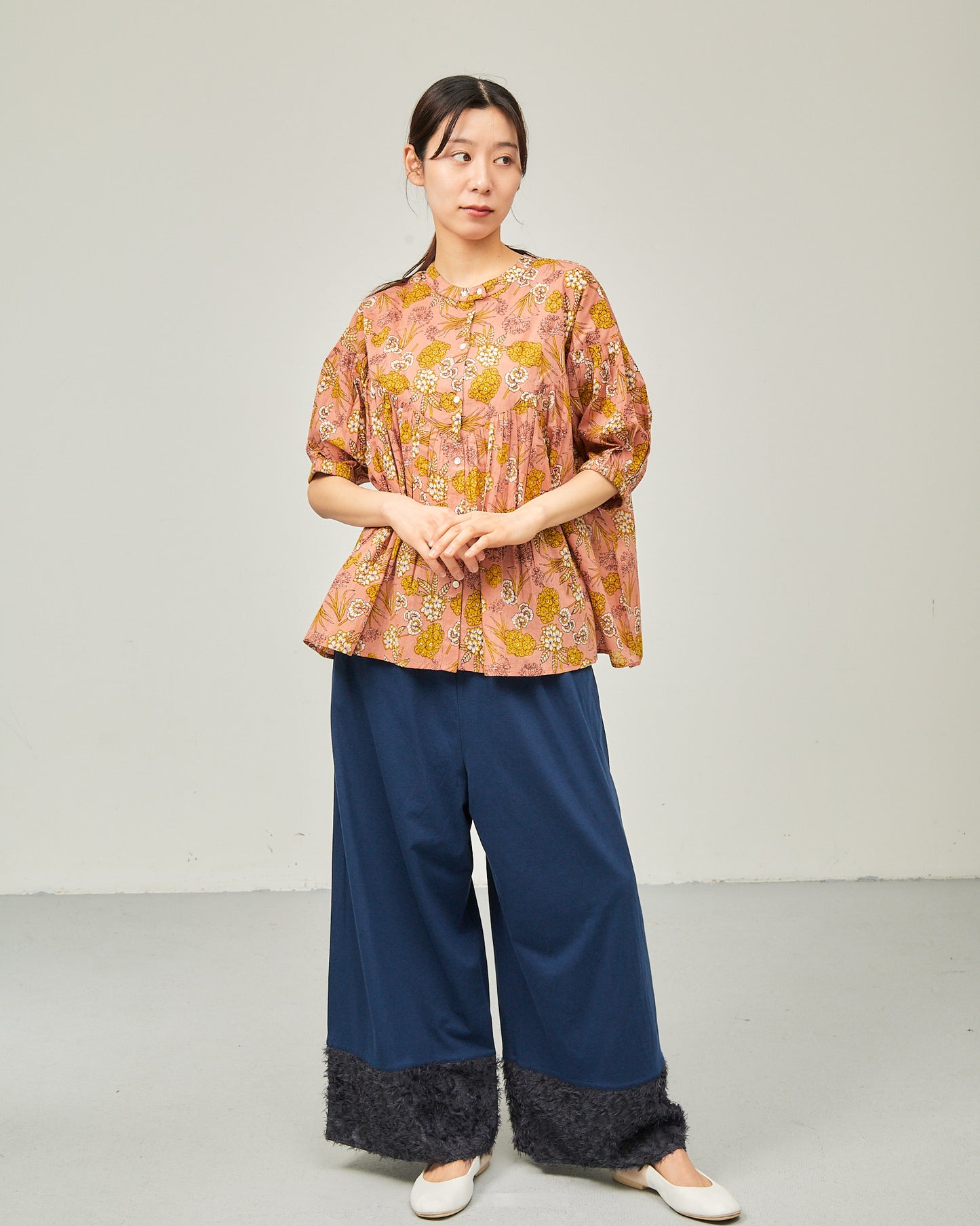 80s Voile Hand-printing Flower  2way Gather Blouses 2602GH-0705/ LILOU&LILY ﾘﾙｱﾝﾄﾞﾘﾘｰ