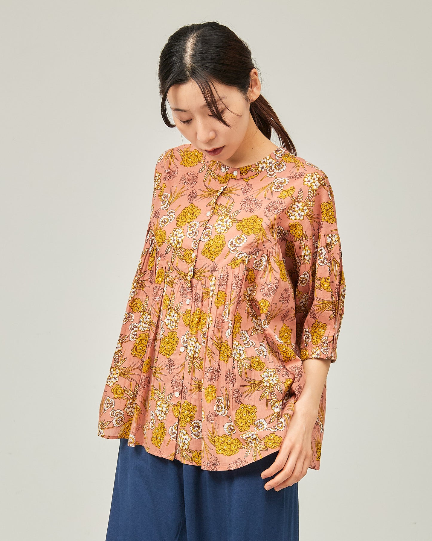 80s Voile Hand-printing Flower  2way Gather Blouses 2602GH-0705/ LILOU&LILY ﾘﾙｱﾝﾄﾞﾘﾘｰ
