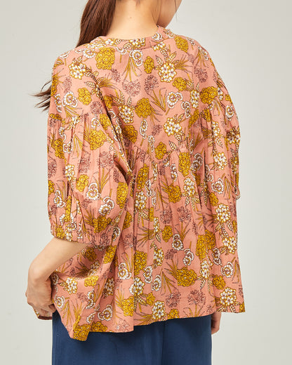 80s Voile Hand-printing Flower  2way Gather Blouses 2602GH-0705/ LILOU&LILY ﾘﾙｱﾝﾄﾞﾘﾘｰ