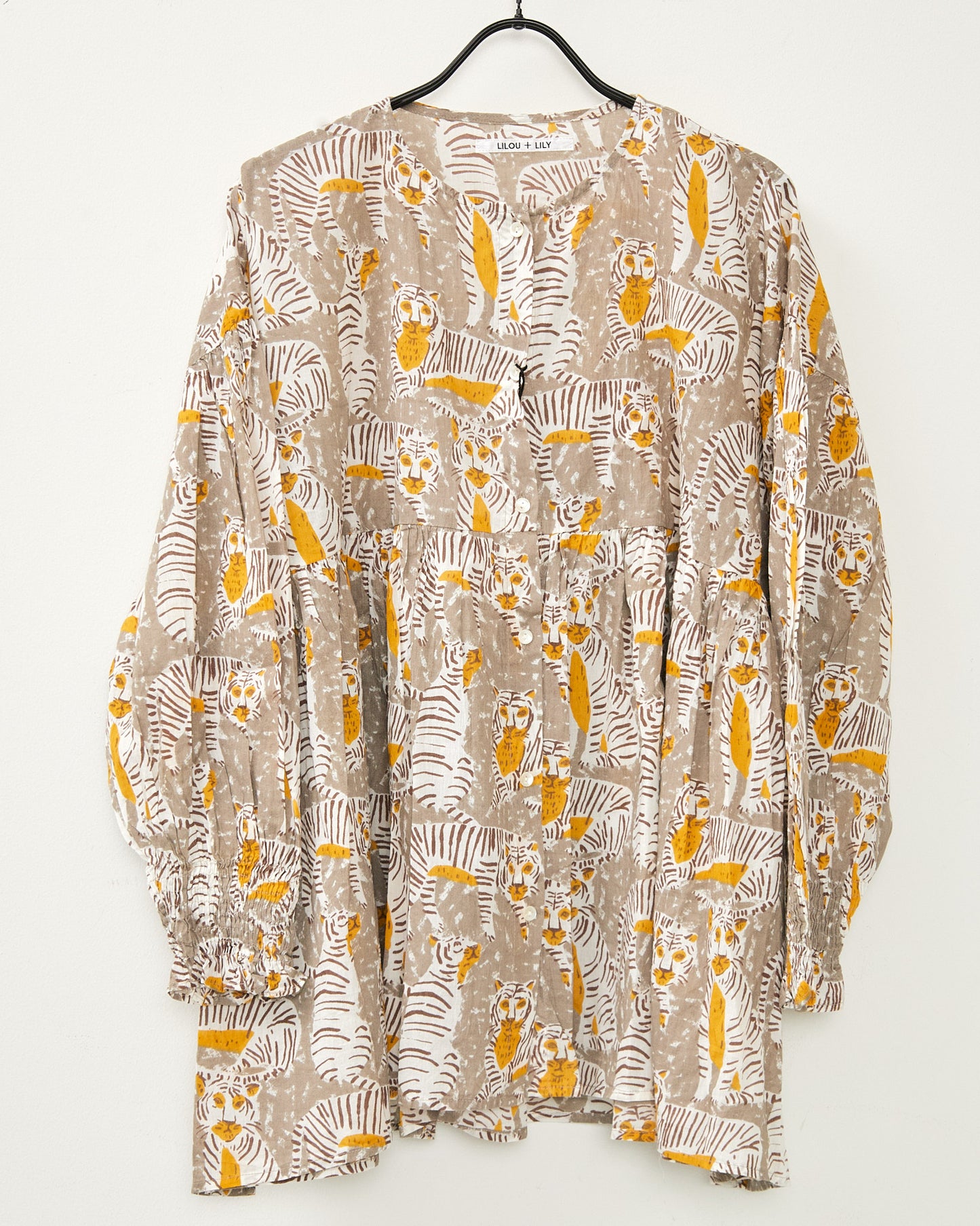 80's Voile Hand printing Tiger SMOCKING SHIRTS 2601GH-0503 / LILOU&LILY ﾘﾙｱﾝﾄﾞﾘﾘｰ