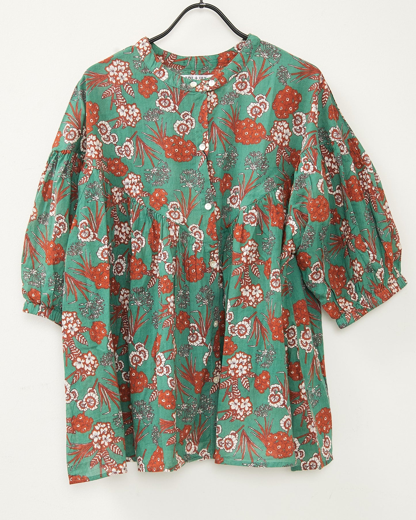 80s Voile Hand-printing Flower  2way Gather Blouses 2602GH-0705/ LILOU&LILY ﾘﾙｱﾝﾄﾞﾘﾘｰ