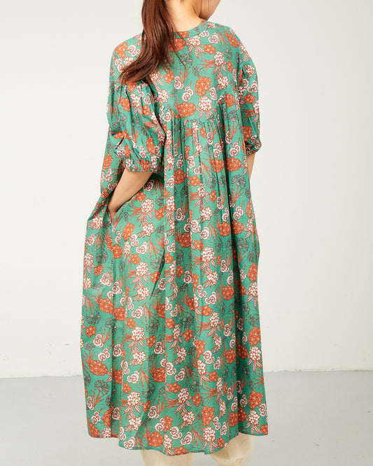 80s Voile Hand-printing Flower 2way Gather One-Piece Dress 2602GH-0706/ LILOU&LILY ﾘﾙｱﾝﾄﾞﾘﾘｰ