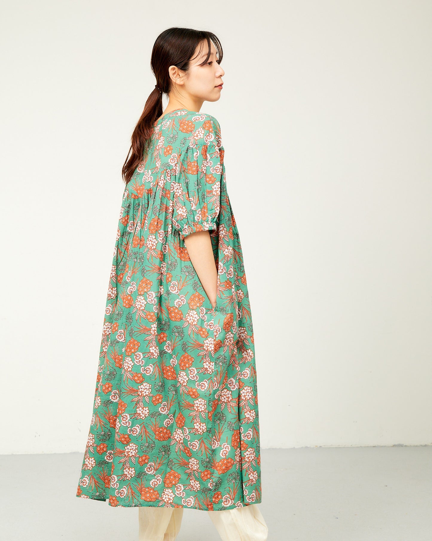 80s Voile Hand-printing Flower 2way Gather One-Piece Dress 2602GH-0706/ LILOU&LILY ﾘﾙｱﾝﾄﾞﾘﾘｰ