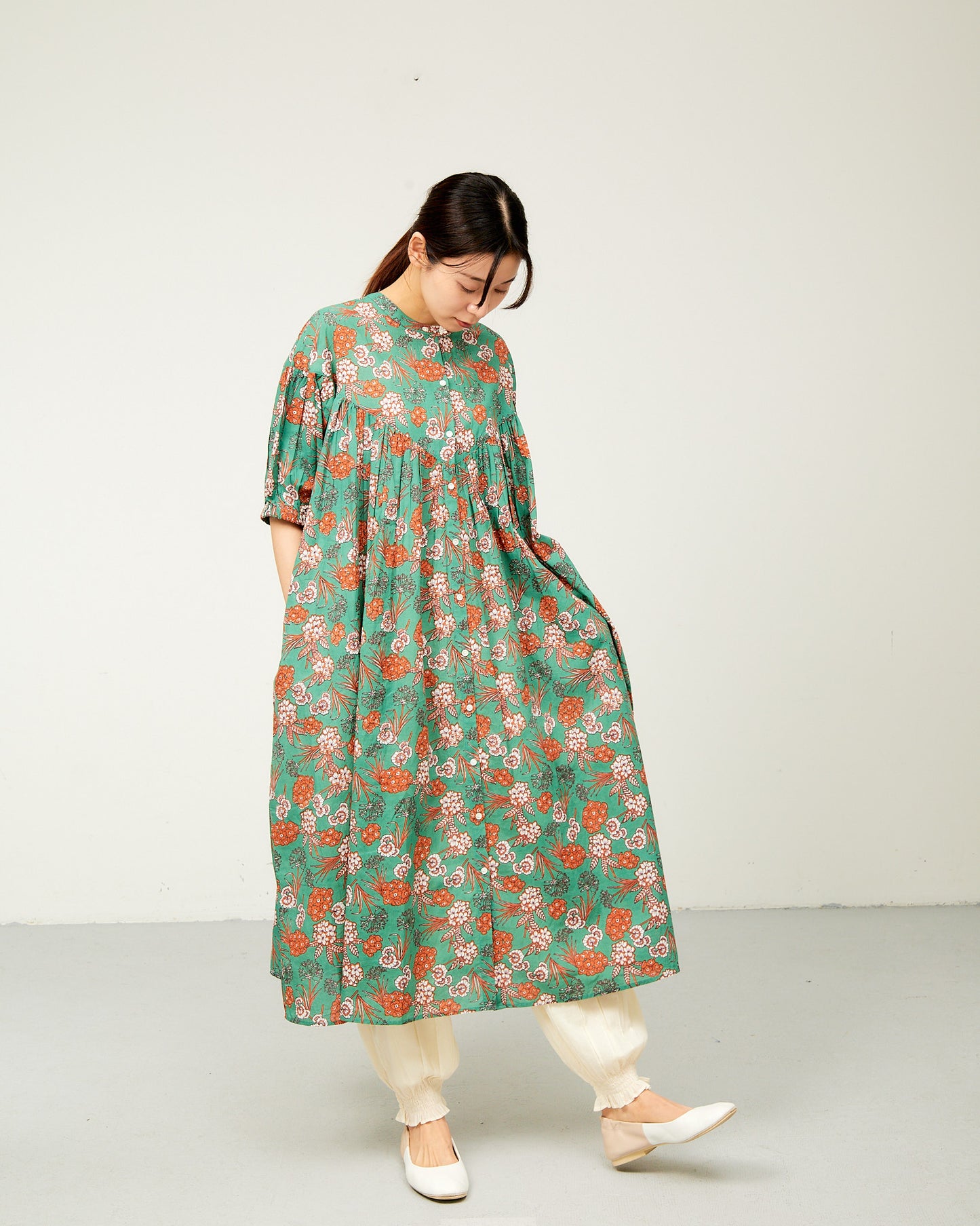 80s Voile Hand-printing Flower 2way Gather One-Piece Dress 2602GH-0706/ LILOU&LILY ﾘﾙｱﾝﾄﾞﾘﾘｰ