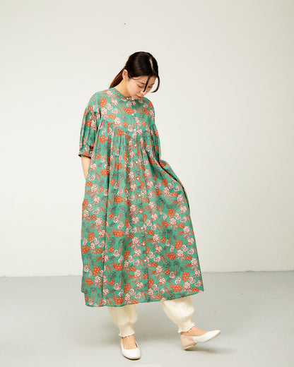 80s Voile Hand-printing Flower 2way Gather One-Piece Dress 2602GH-0706/ LILOU&LILY ﾘﾙｱﾝﾄﾞﾘﾘｰ