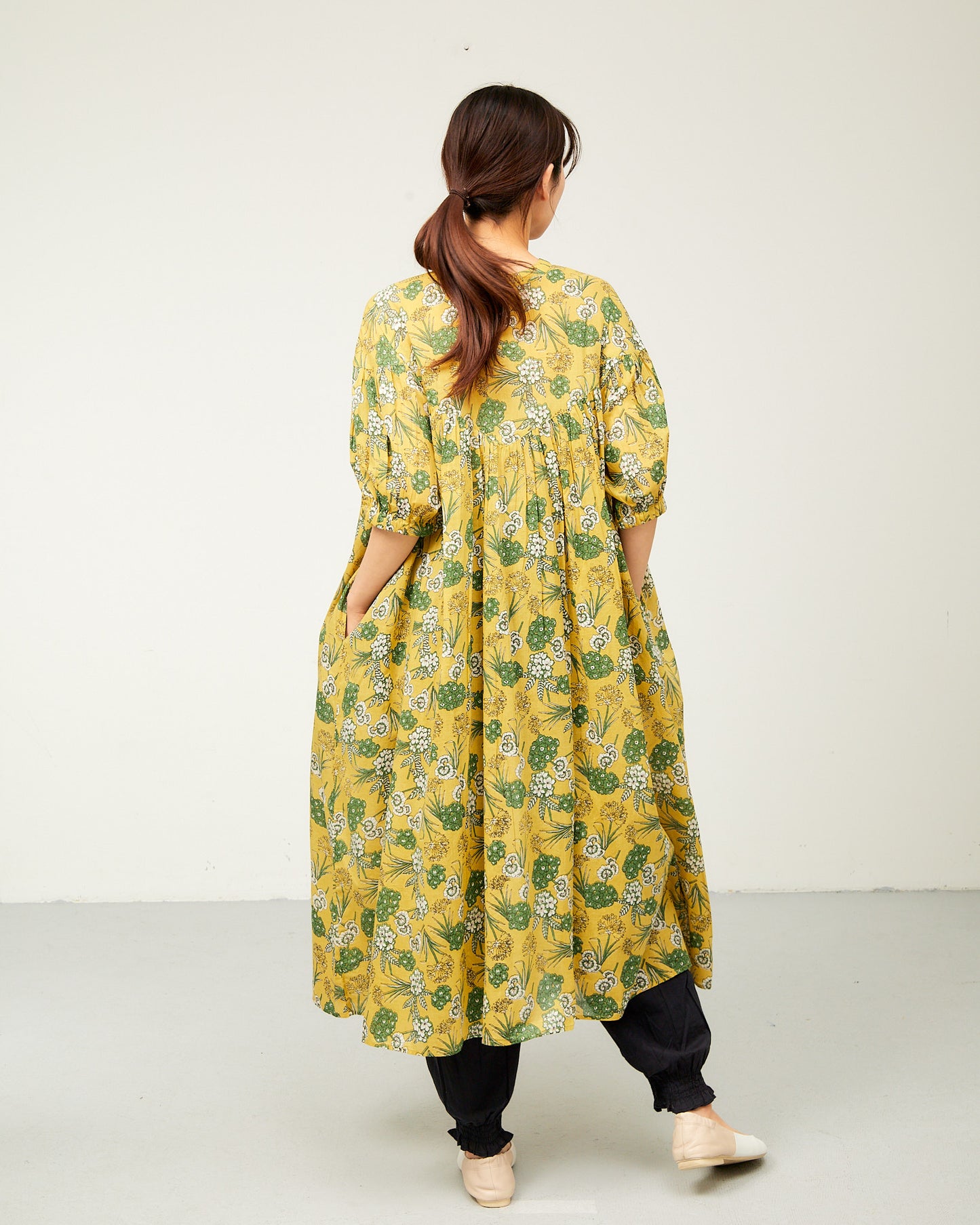 80s Voile Hand-printing Flower 2way Gather One-Piece Dress 2602GH-0706/ LILOU&LILY ﾘﾙｱﾝﾄﾞﾘﾘｰ