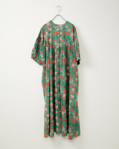 80s Voile Hand-printing Flower 2way Gather One-Piece Dress 2602GH-0706/ LILOU&LILY ﾘﾙｱﾝﾄﾞﾘﾘｰ