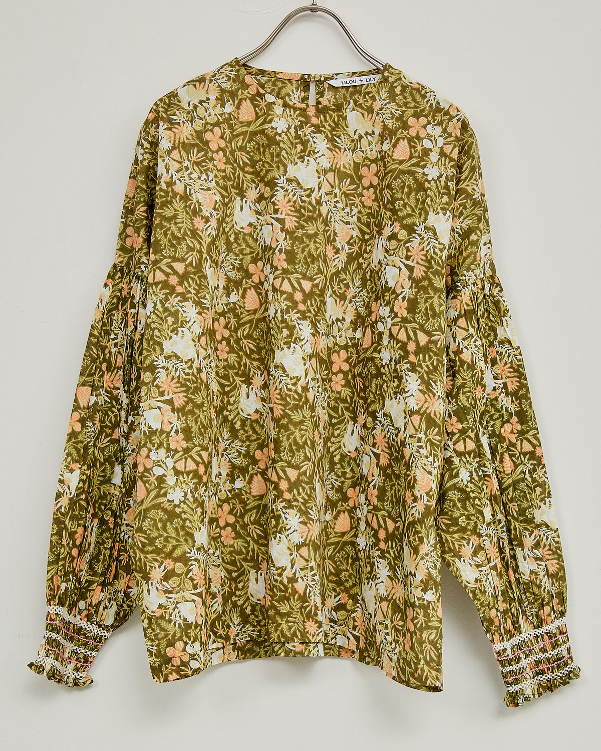 CAT FLOWER / HAND PRINTING SMOCKING BLOUSES 2604GH-0903 / LILOU&LILY ﾘﾙｱﾝﾄﾞﾘﾘｰ