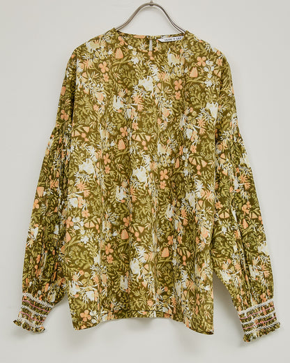 CAT FLOWER / HAND PRINTING SMOCKING BLOUSES 2604GH-0903 / LILOU&LILY ﾘﾙｱﾝﾄﾞﾘﾘｰ