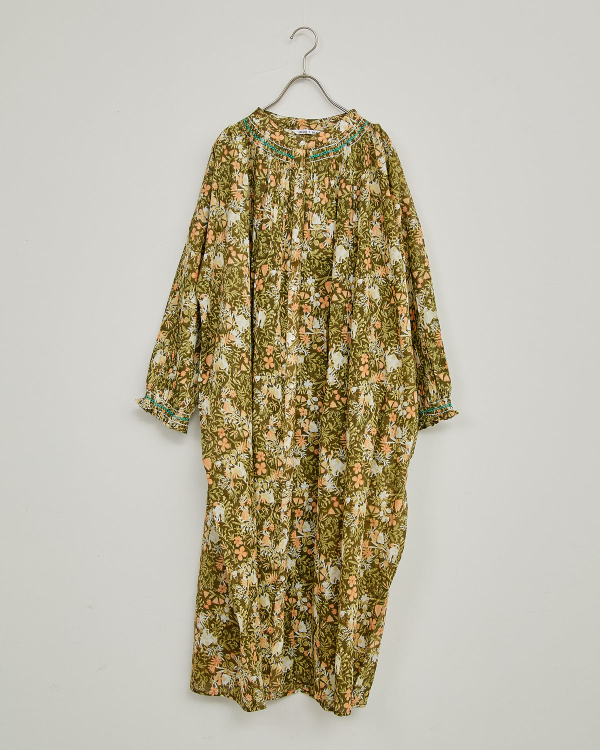 CAT FLOWER / HAND PRINTING SMOCKING ONE-PIECE DRESS 2604GH-0904 / LILOU&LILY ﾘﾙｱﾝﾄﾞﾘﾘｰ
