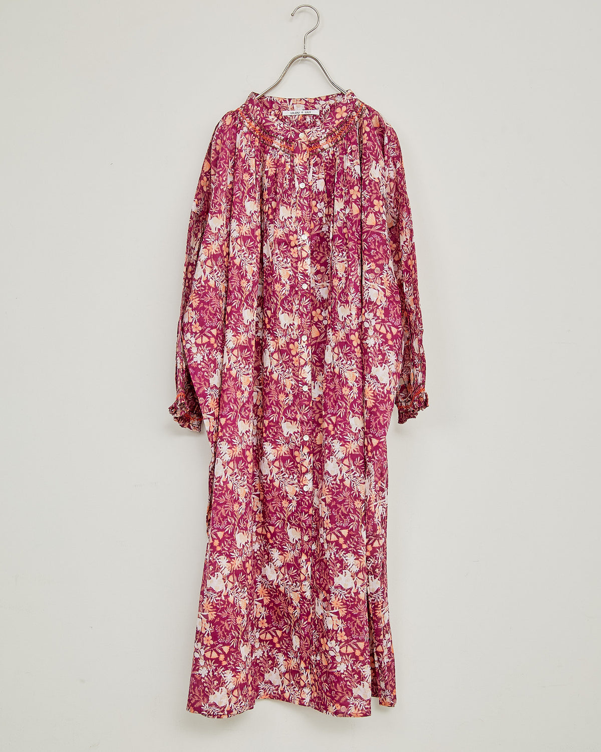 CAT FLOWER / HAND PRINTING SMOCKING ONE-PIECE DRESS 2604GH-0904 / LILOU&LILY ﾘﾙｱﾝﾄﾞﾘﾘｰ
