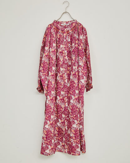 CAT FLOWER / HAND PRINTING SMOCKING ONE-PIECE DRESS 2604GH-0904 / LILOU&LILY ﾘﾙｱﾝﾄﾞﾘﾘｰ