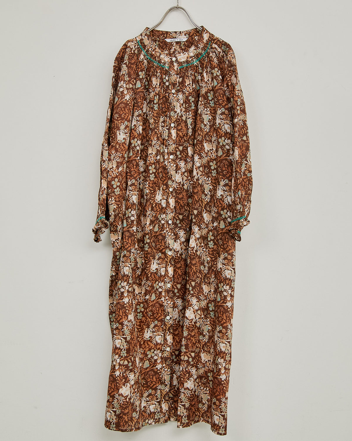 CAT FLOWER / HAND PRINTING SMOCKING ONE-PIECE DRESS 2604GH-0904 / LILOU&LILY ﾘﾙｱﾝﾄﾞﾘﾘｰ