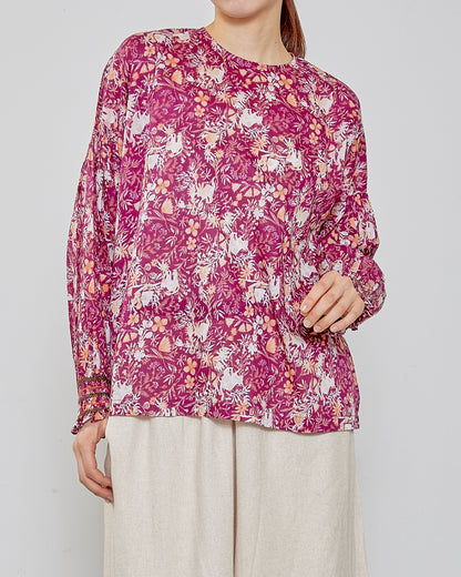CAT FLOWER / HAND PRINTING SMOCKING BLOUSES 2604GH-0903 / LILOU&LILY ﾘﾙｱﾝﾄﾞﾘﾘｰ