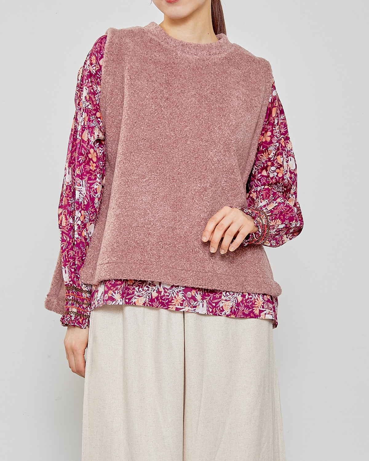 CAT FLOWER / HAND PRINTING SMOCKING BLOUSES 2604GH-0903 / LILOU&LILY ﾘﾙｱﾝﾄﾞﾘﾘｰ