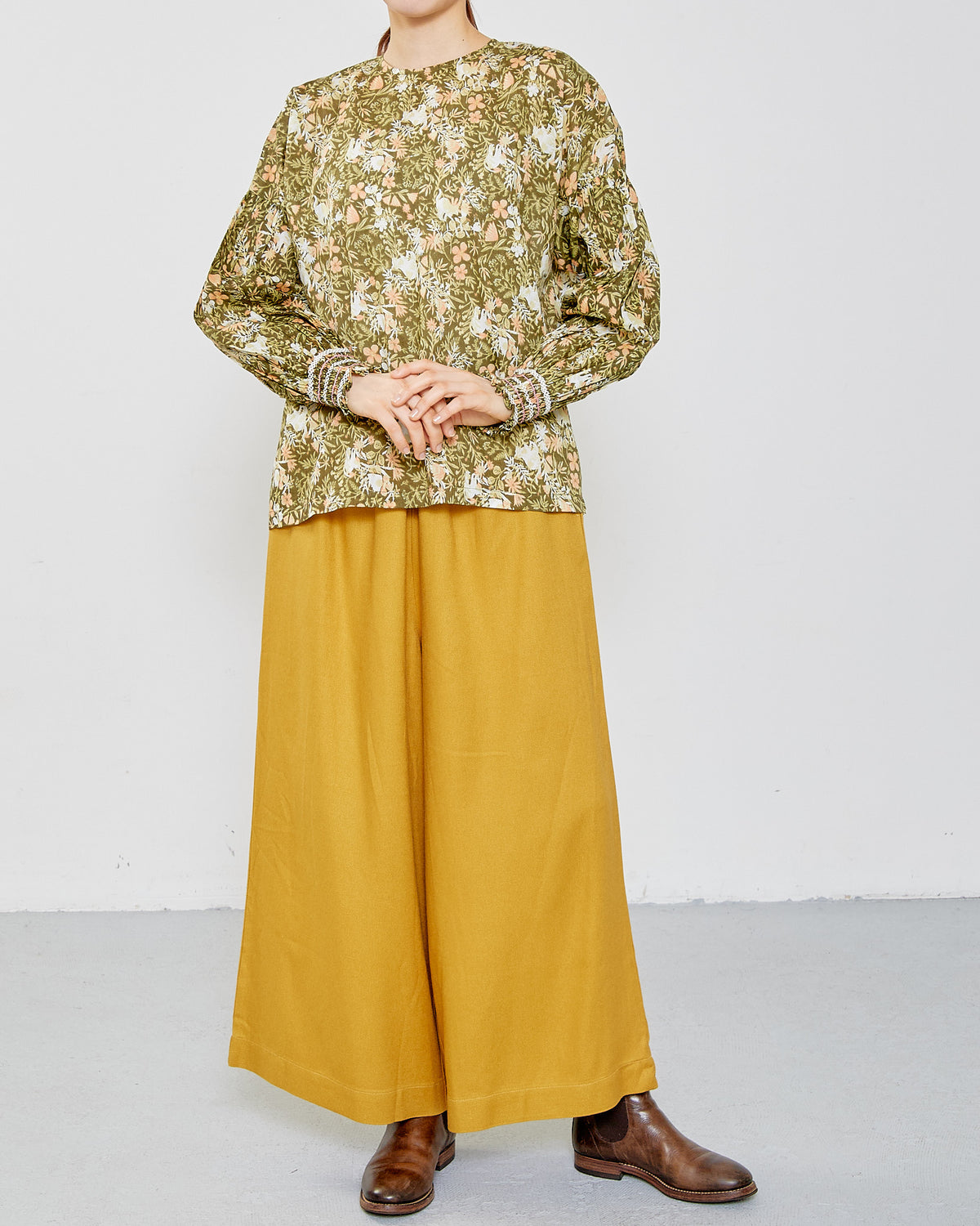 CAT FLOWER / HAND PRINTING SMOCKING BLOUSES 2604GH-0903 / LILOU&LILY ﾘﾙｱﾝﾄﾞﾘﾘｰ