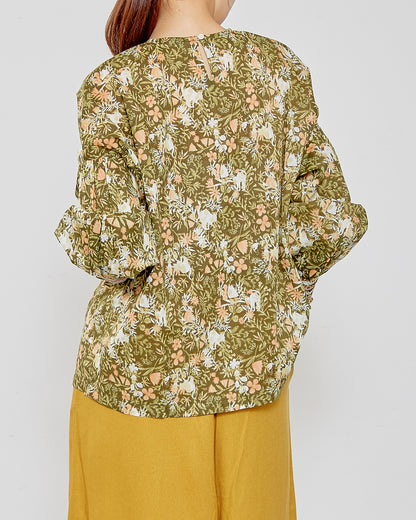CAT FLOWER / HAND PRINTING SMOCKING BLOUSES 2604GH-0903 / LILOU&LILY ﾘﾙｱﾝﾄﾞﾘﾘｰ