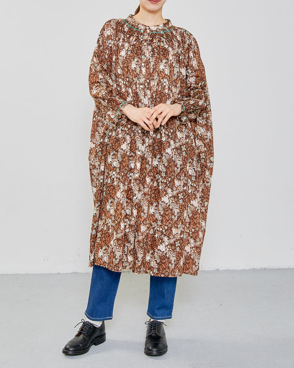 CAT FLOWER / HAND PRINTING SMOCKING ONE-PIECE DRESS 2604GH-0904 / LILOU&LILY ﾘﾙｱﾝﾄﾞﾘﾘｰ